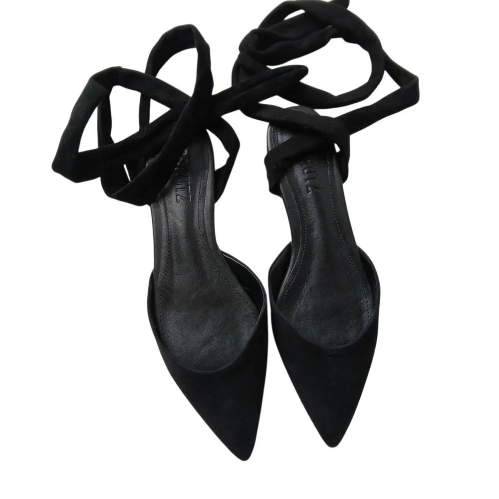 NIB Schutz Barbrah Black Suede Pointed Toe Ankle Tie Wrap D'Orsay Flats Size 6.5